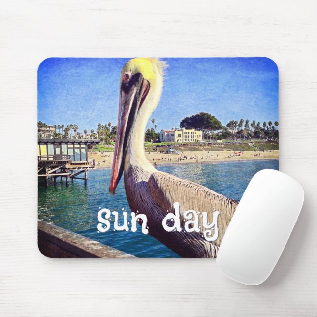 Tapis De Souris Pélican Bird Ocean Beach Pier Photo Jour du soleil (Avec souris)