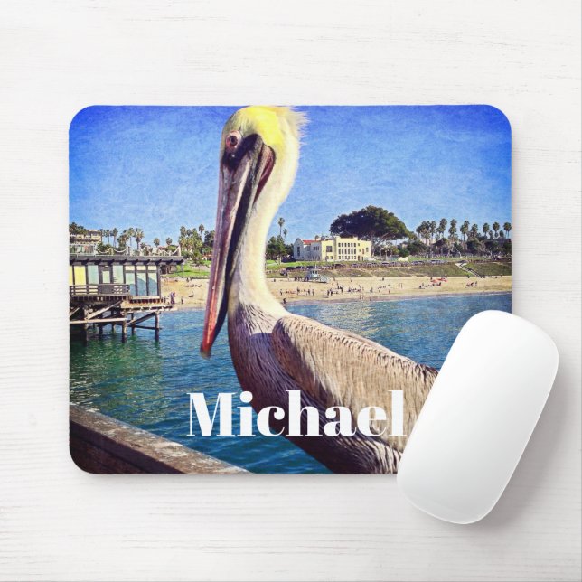 Tapis De Souris Pelican Bird Ocean Beach Pier Photo Nom personnali (Avec souris)