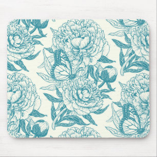 Tapis De Souris Peonies et papillons bloc imprimé, lagon Bleu a