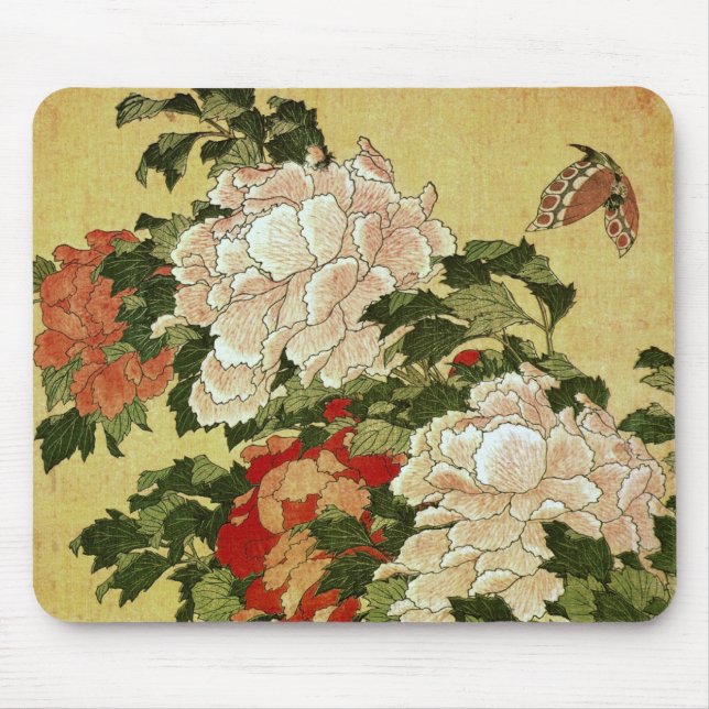 Tapis De Souris Peonies et papillons Hokusai Art japonais (Devant)