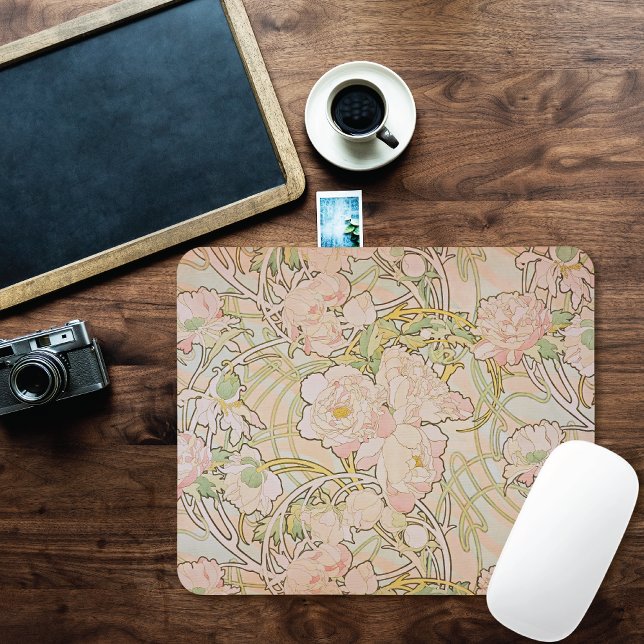Tapis De Souris Peonies Floral Motif Alphonse Mucha (Créateur téléchargé)