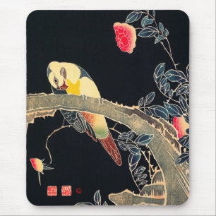Tapis De Souris Perroquet sur la branche d'un Rose en fleurs Bush