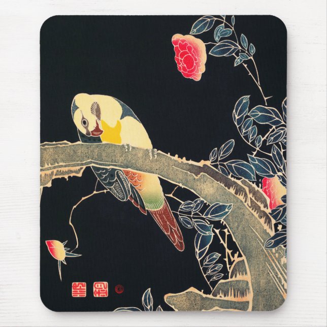 Tapis De Souris Perroquet sur la branche d'un Rose en fleurs Bush (Devant)