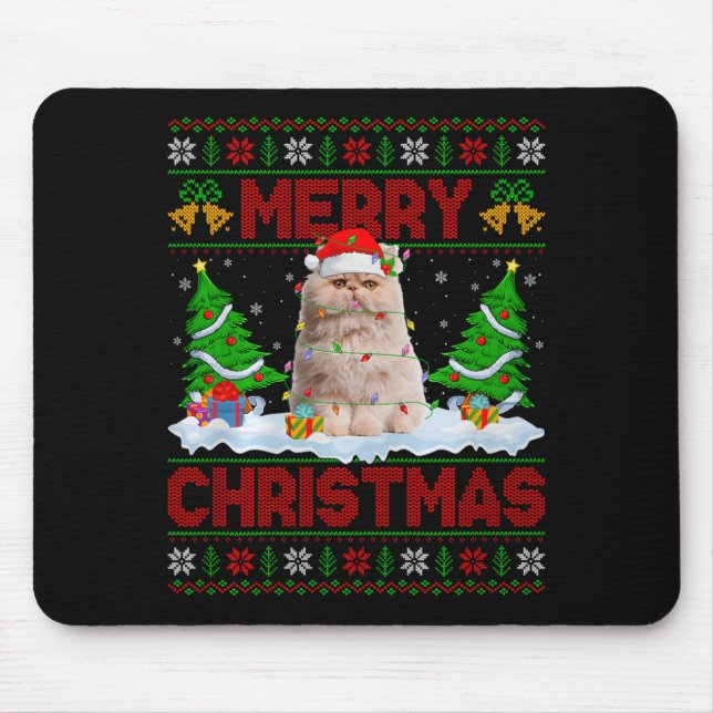 Tapis De Souris Persian Cat Ugly Xmas Sweater Funny Animal Lights  (Devant)