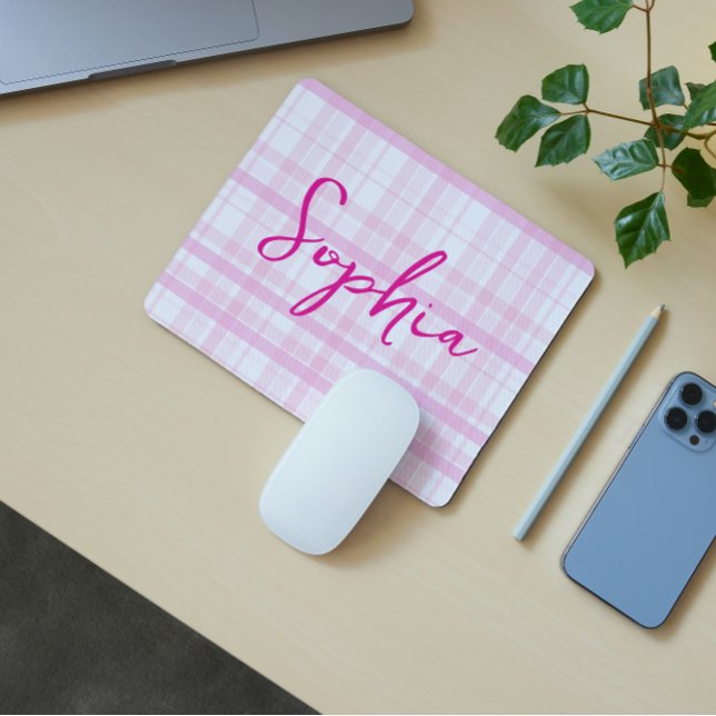 Tapis De Souris Personalized Pink Plaid Mouse Pad with Name  (Créateur téléchargé)