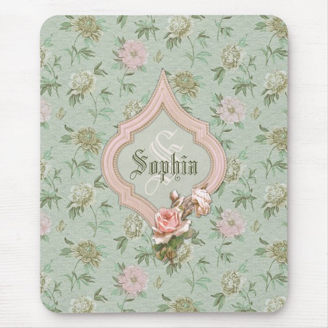 Tapis De Souris Personnalisé Girly Chic Vert et rose Floral (Devant)