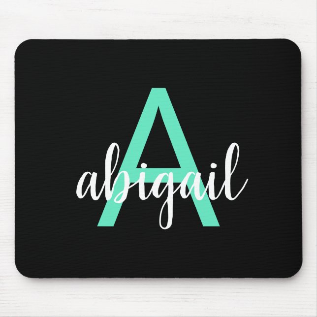 Tapis De Souris Personnalisé Noir Turquoise Moderne Monogramme Nom (Devant)