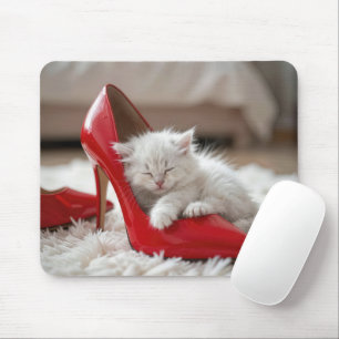 Tapis De Souris Petit chaton blanc dormant dans une chaussure roug