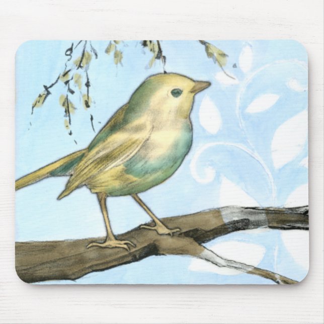 Tapis De Souris Petit oiseau jaune perché sur une branche Recherch (Devant)