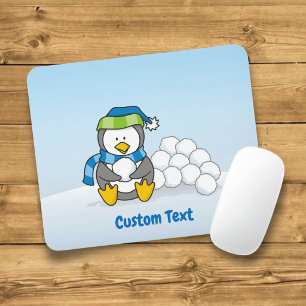 Tapis De Souris Petit pingouin assis avec boules de neige