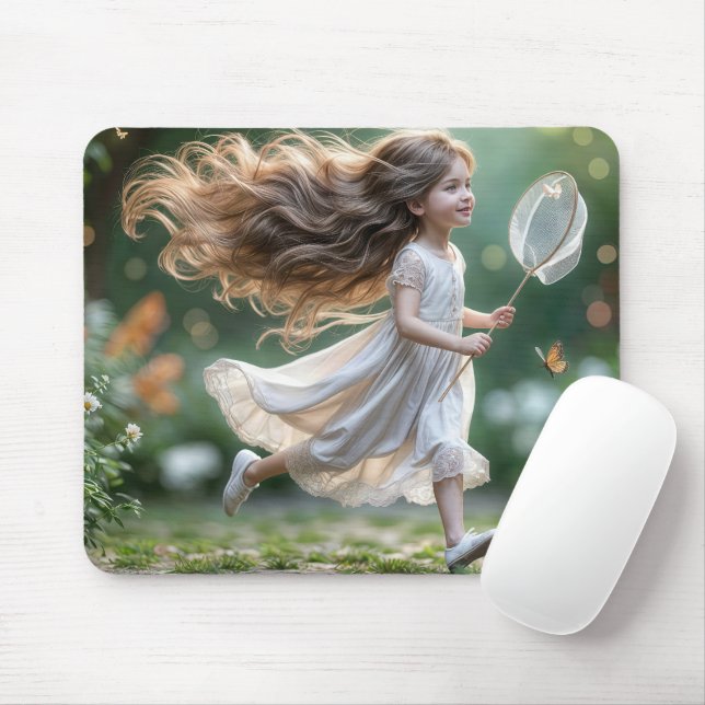 Tapis De Souris Petite Fille À La Recherche De Papillons (Avec souris)