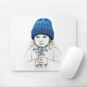 Tapis De Souris Petite Fille Au Chapeau Bleu avec Fleurs de Ne-m'o