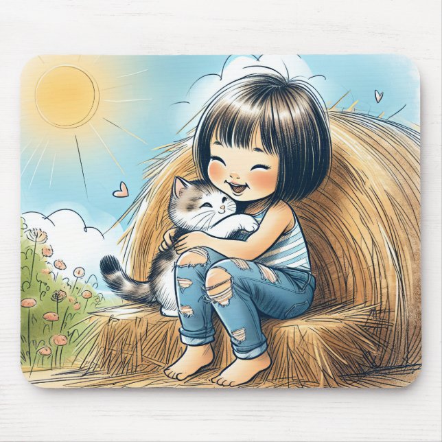 Tapis De Souris Petite fille avec chat animal (Devant)