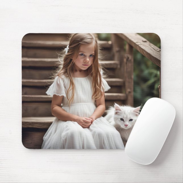Tapis De Souris Petite Fille Avec Chat Blanc (Avec souris)