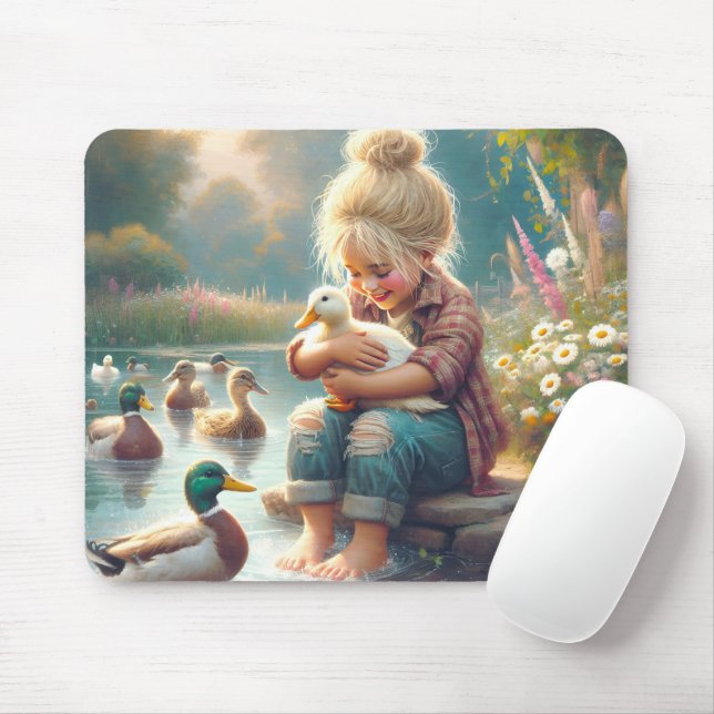Tapis De Souris Petite fille avec des canards  (Avec souris)