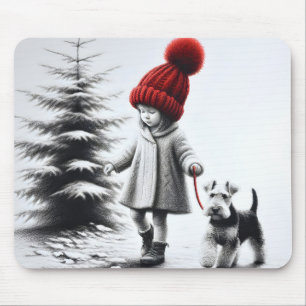 Tapis De Souris Petite fille marchant dans un Terrier gallois