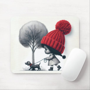 Tapis De Souris Petite fille marchant son chien