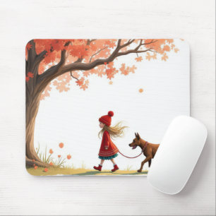 Tapis De Souris Petite Fille Marchant Son Gros Chien