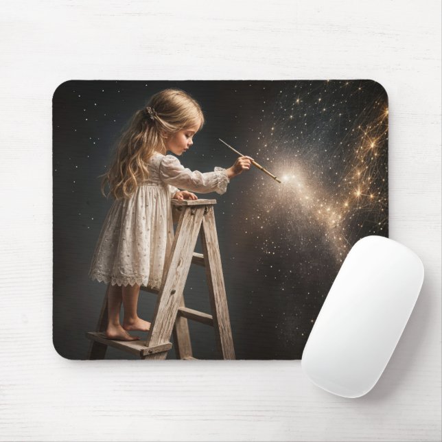 Tapis De Souris Petite fille peindre les étoiles de nuit (Avec souris)