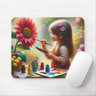 Tapis De Souris Petite fille peindre une fleur