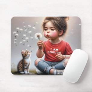 Tapis De Souris Petite Fille Poussant Des Dandelions Avec Kitten