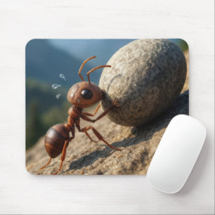 Tapis De Souris Petite fourmi poussant un rocher vers le haut