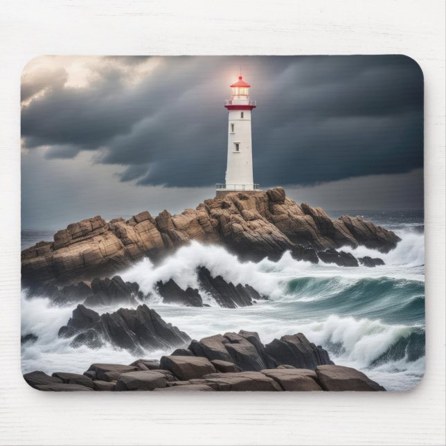Tapis De Souris Phare Sur Ocean Rocks (Devant)