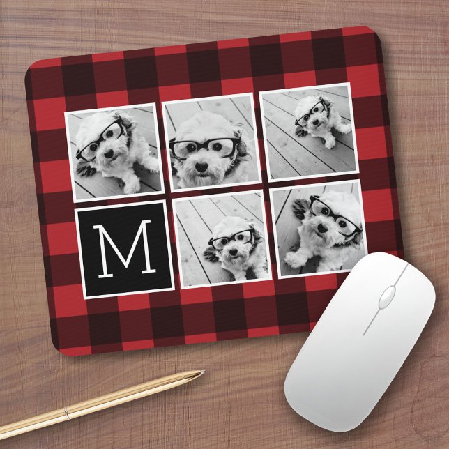 Tapis De Souris Photo Collage - Monogramme Rouge Buffle Noir Plaid (Personalized mousepad - Add Photos and Custom Text)