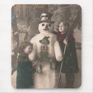 Tapis De Souris Photo de Christmas Girls et Snowman Vintage