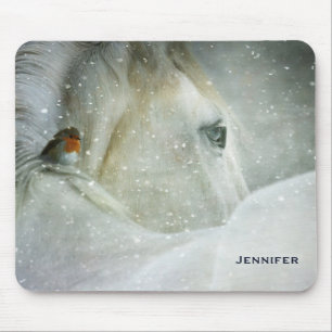Tapis De Souris Photo de White Horse and Bird en hiver