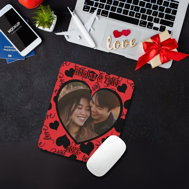 Tapis De Souris Photo personnalisée | Motif rouge avec noms person (Custom Photo | Red Pattern with Personalize names Mouse Pad)