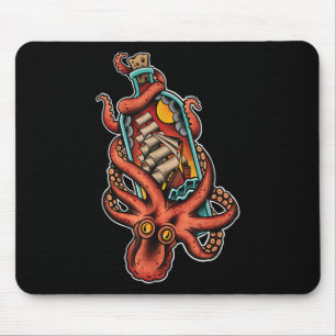 Tapis De Souris Pieuvre et navire clipper en bouteille, tatouage d