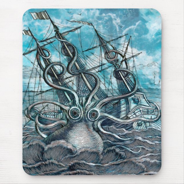 Tapis De Souris Pieuvre géante Mer Bleue Monstre Voilier (Devant)