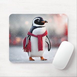 Tapis De Souris Pingouin Avec Écharpe Rouge Dans Les Snowflakes