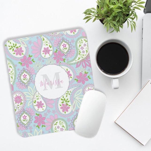 Tapis De Souris Pink Girl mignonne Chic Preppy Paisley Monogramme  (Créateur téléchargé)