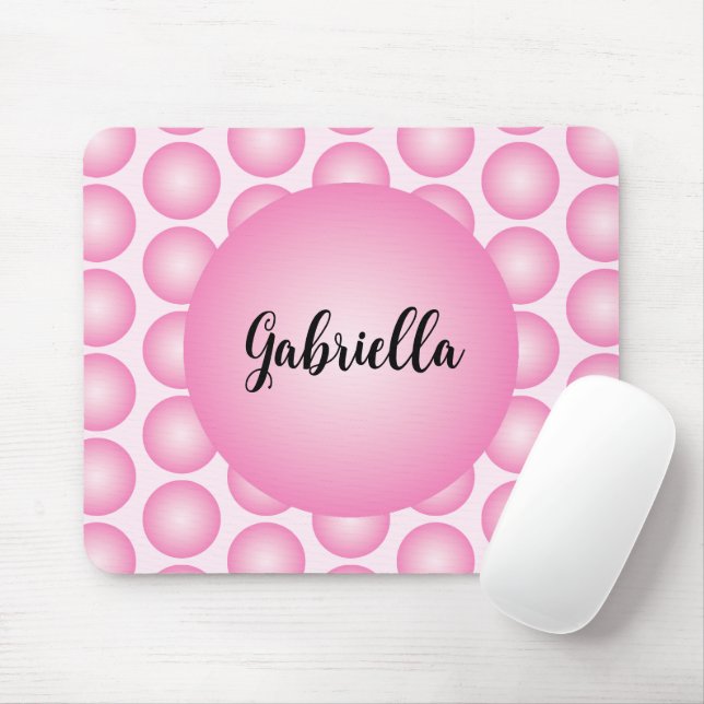 Tapis De Souris Pink Retro Polka Dot Monogram Script Name (Avec souris)