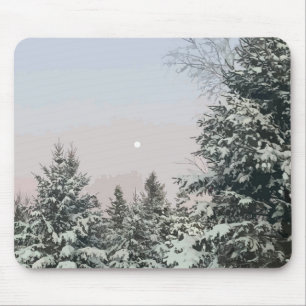 Tapis De Souris Pins couverts de neige Coucher de soleil sur la lu