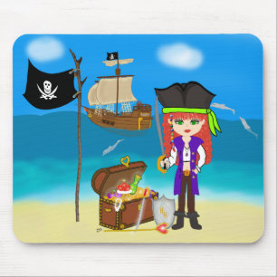 Tapis De Souris Pirate de fille avec poitrine au trésor Mousepad