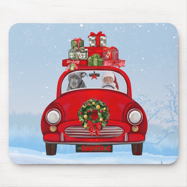 Tapis De Souris Pitbull Chien En Voiture Avec Le Père Noël (Devant)