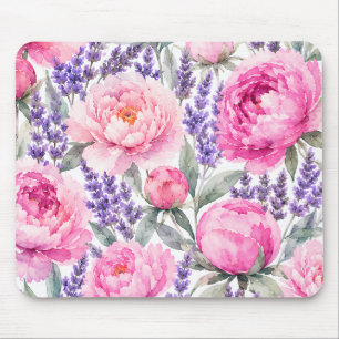 Tapis De Souris Pivoines roses & Lavande Motif floral aquarelle