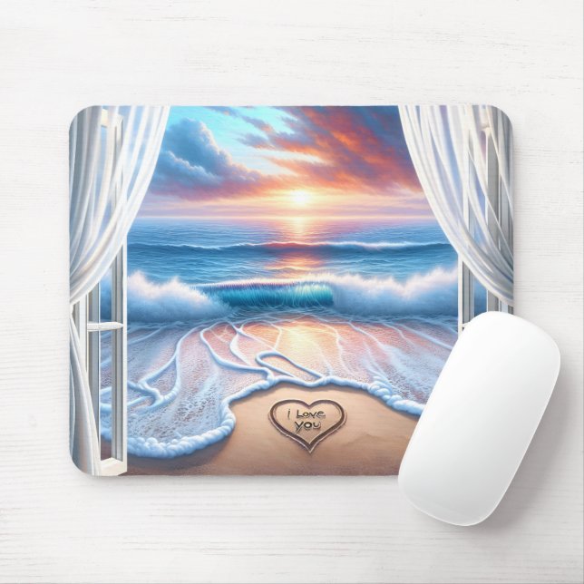 Tapis De Souris Plage Coeur Dans Fenêtre Ouverte (Avec souris)