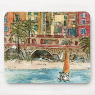 Tapis De Souris Plage et bâtiments d'aquarelle des destinations  