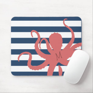 Tapis De Souris Plage moderne de pieuvre rouge blanc marine bleu r