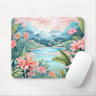 Tapis De Souris Plage Tropical Island Jungle Mountains Floral
