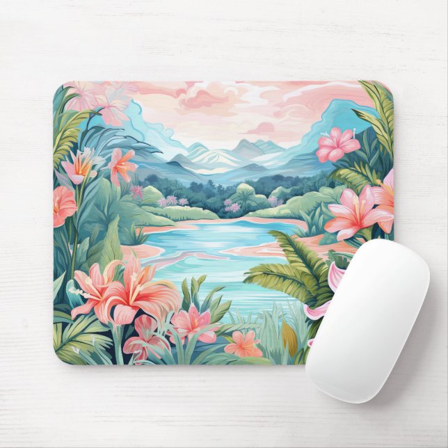 Tapis De Souris Plage Tropical Island Jungle Mountains Floral (Avec souris)