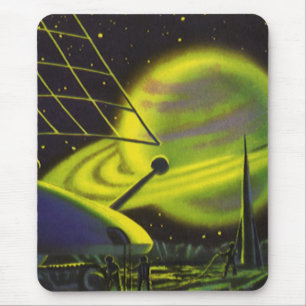 Tapis De Souris Planète verte néon vintage de science-fiction avec