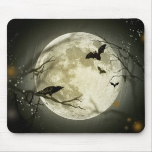 Tapis De Souris Pleine lune avec chauves-souris et corbeau