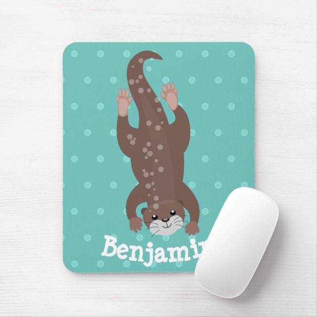 Tapis De Souris Plongée de loutre mignonne sur dessin animé turquo (Avec souris)
