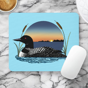 Tapis De Souris Plongeon commun serein Coucher de soleil Bleu Faun
