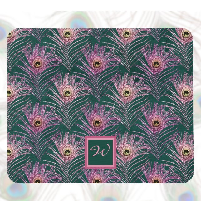 Tapis De Souris Plumes de paon rose et Monogramme sur Deep Green (Créateur téléchargé)
